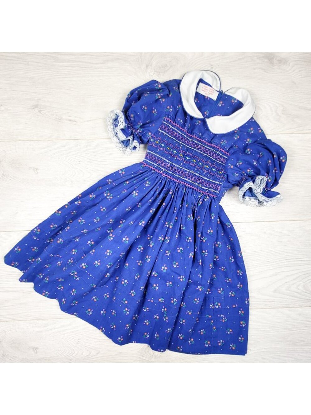 Vintage 60s 70s Handmade Floral Calico Smocked Dress Girls Size 5T Prairie